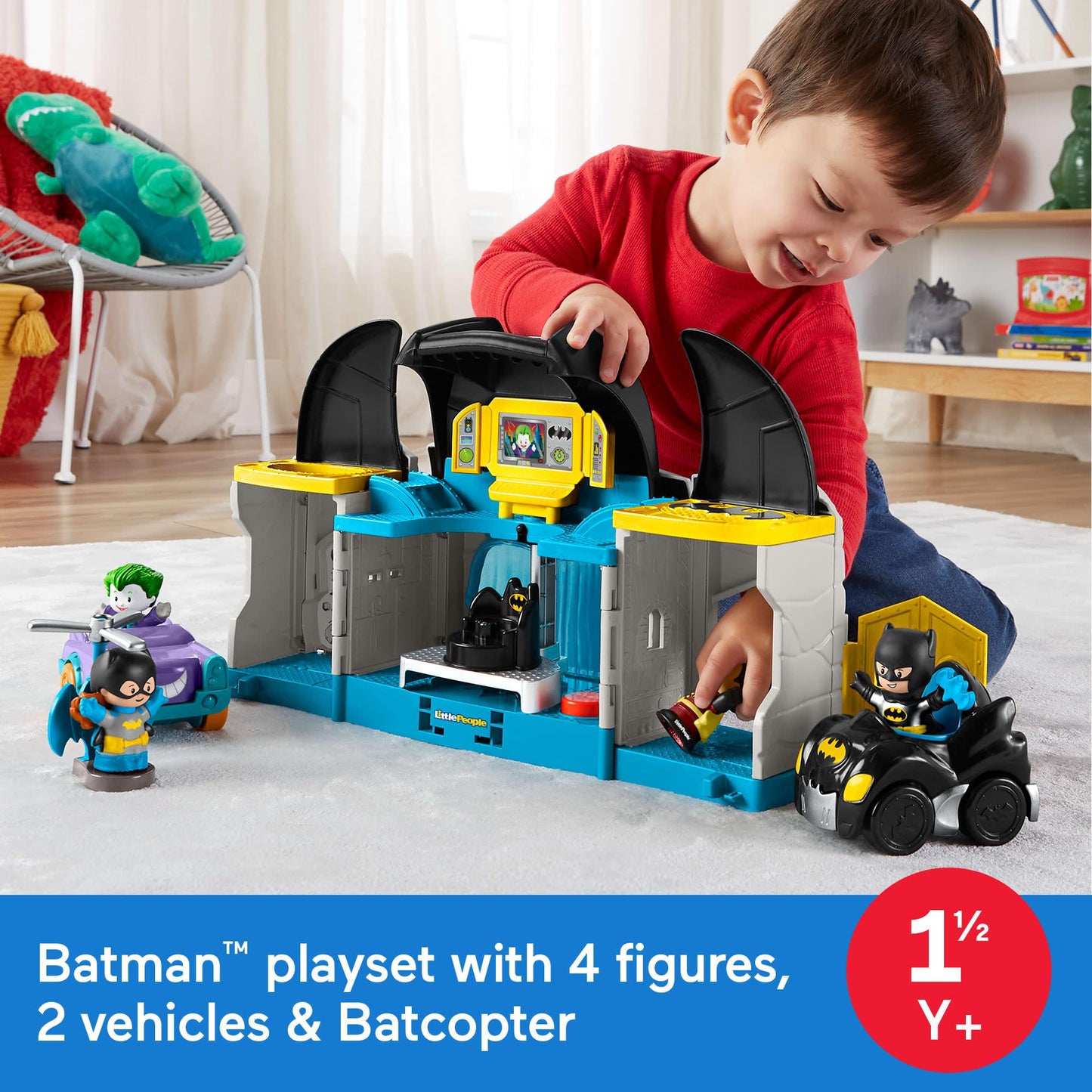 Fisher-Price Little People DC Super Friends Deluxe Batcave, Batman playset with lights and sounds plus 4 character figures for toddlers