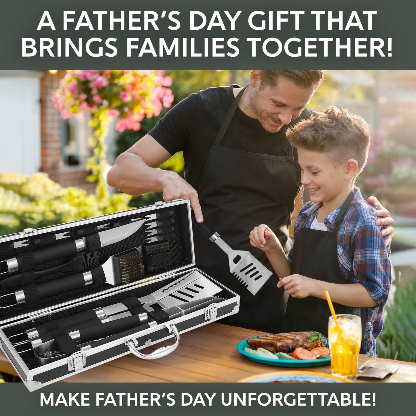 Kaluns Grilling Accessories, Dad Gifts for Fathers Day, Mothers Day Grilling Gifts, Heavy Duty Stainless Steel BBQ Tool Set for Outdoor Grill with Aluminum Case and Apron, Birthday Gifts for Men
