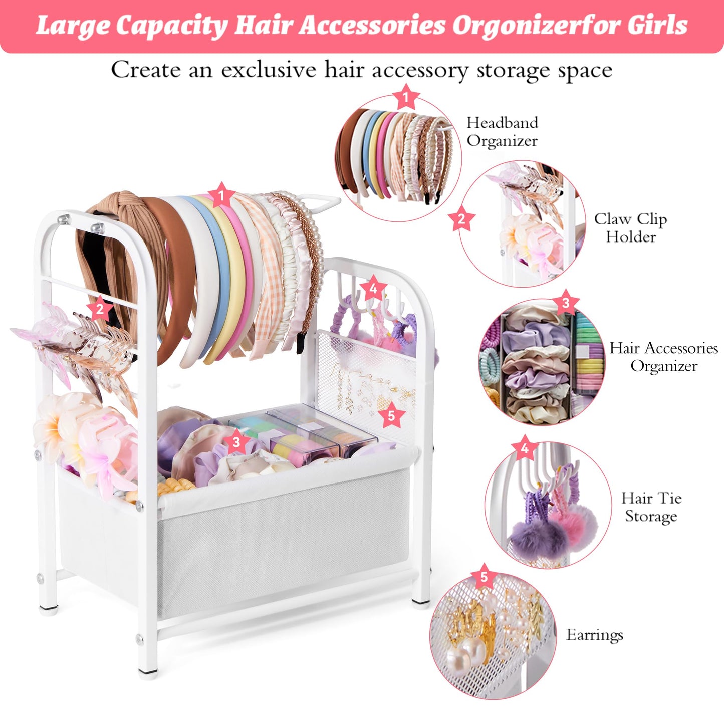 PVRUILER Headband Holder Stand, Metal Hair Accessories Organizer with Divided Storage Box, for Headbands, Hair Ties, Clips & Earrings
