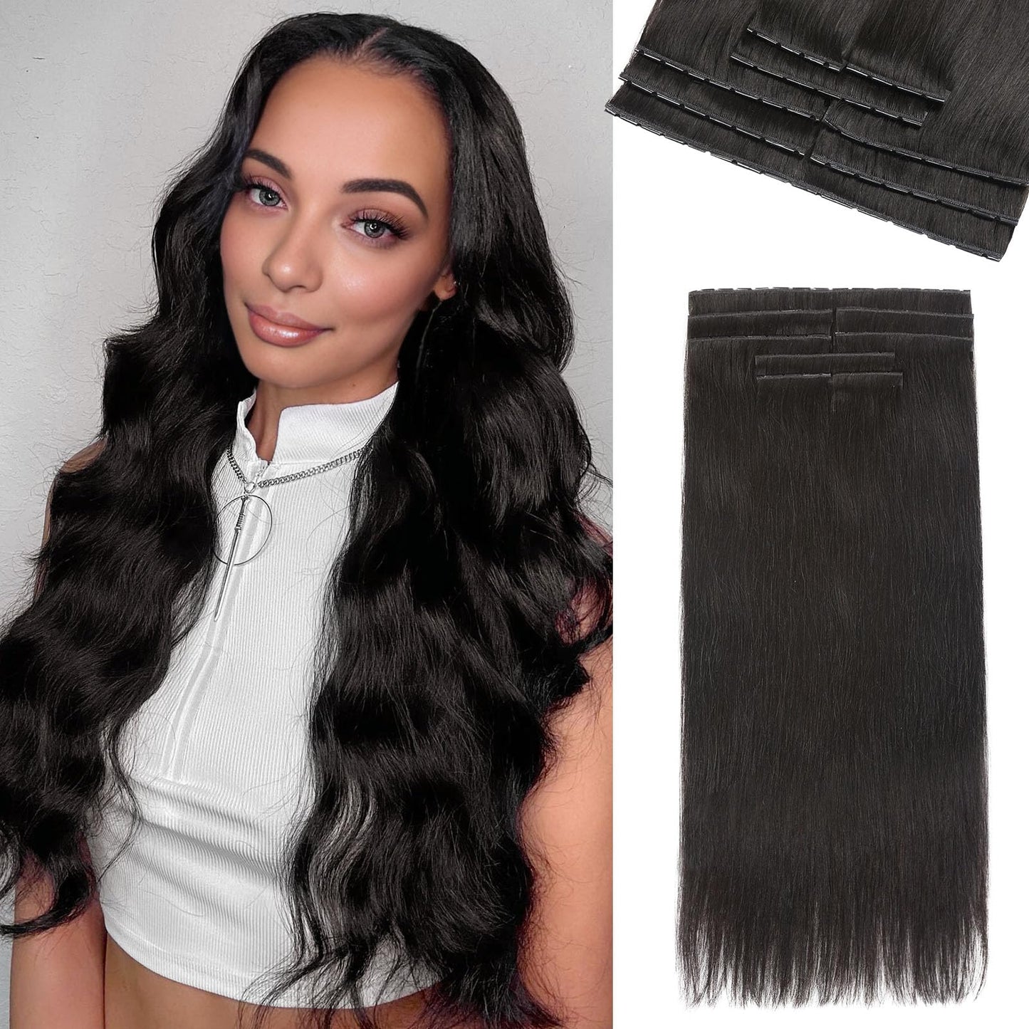LADY MIRANDA Double Sided PU Invisible Weft Human Hair Extensions 18 Inch 100G Natural Black Micro Ring PU Hair Extensions Twin Tabs Invisible Weft Tape in Extensions with Micro Beads(1B, 18 Inch)