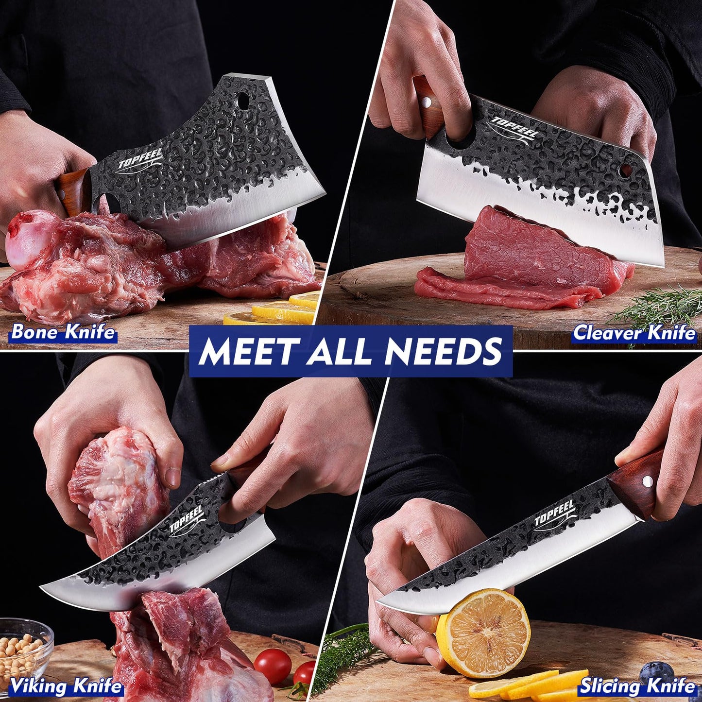 Topfeel 4PCS Meat Cleaver Set -Heavy Duty Bone Chopper & Meat Cleaver & Viking Knife & Slicing Knife, Chef Knives Set for Home Kitchen,Camping, BBQ Knives Gift for Men