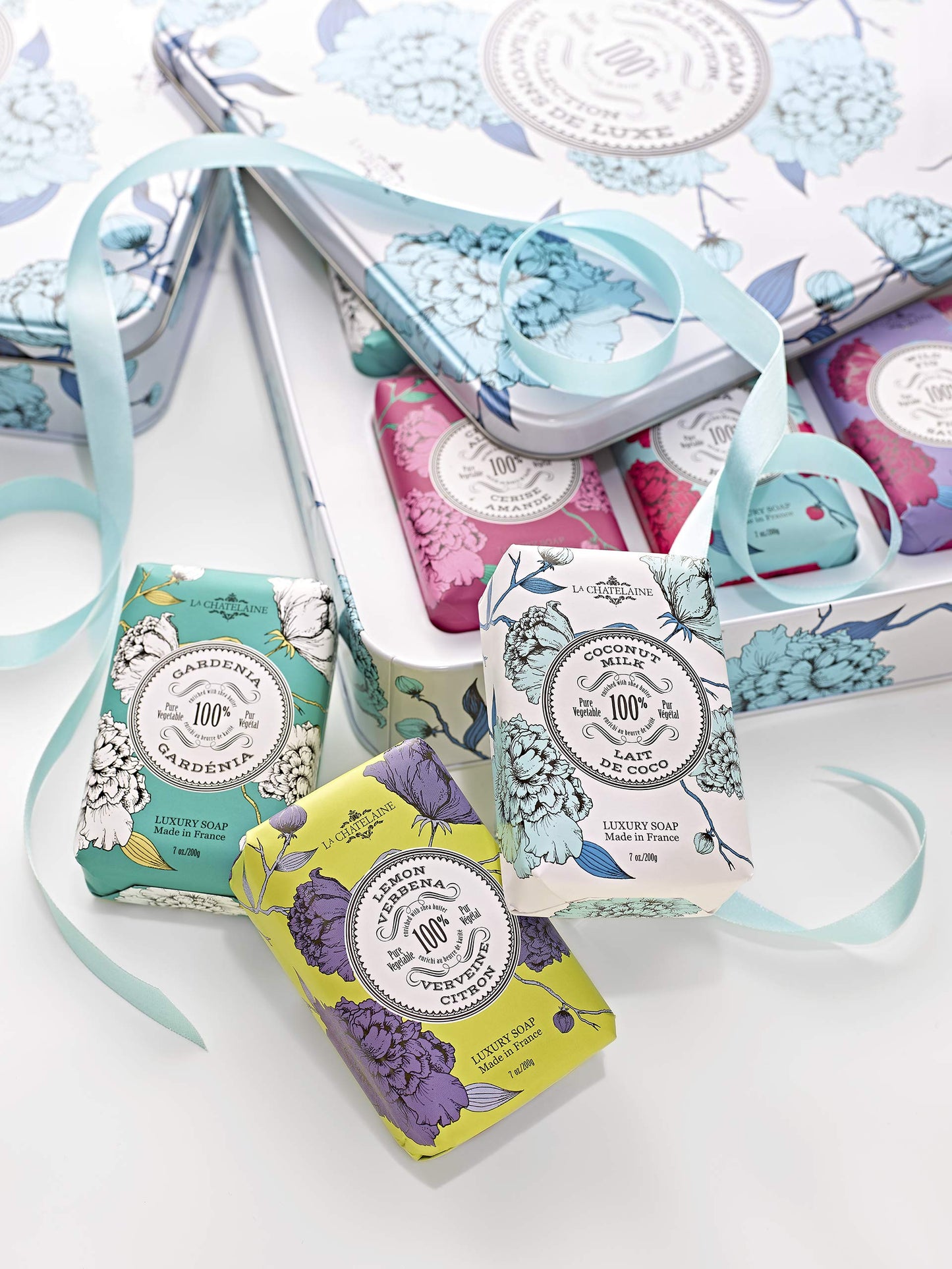 La Chatelaine Luxury Soap Collection | Oprahs Favorite Things | Shea Butter Bar Soaps, Made in France | Natural | Set of 6, 7 oz (Gardenia, Coconut Milk, Lemon Verbena, Cherry Almond, Shea, Wild Fig)
