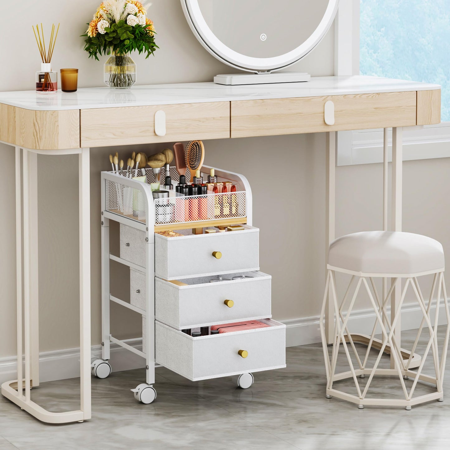 SWTYMIKI Rolling Makeup Organizer Cart - Under Desk Vanity Makeup Storage with 3 Non-woven Drawers, Nail Cart Organizer Cosmetic Display Cases Cabinet for Skin Care Perfume Nail Polish Brush Hair Tool