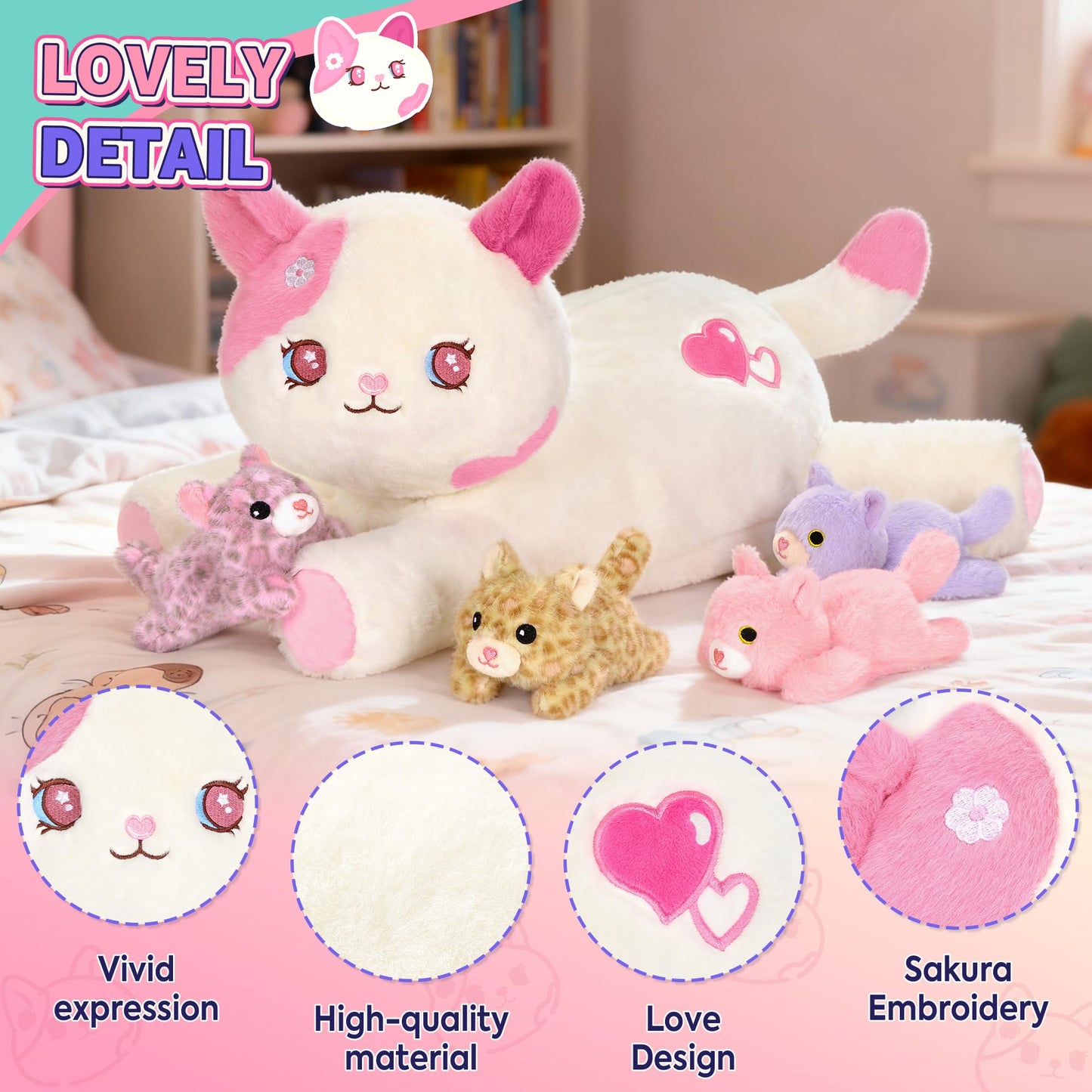 Onsoyours Original 5PC Cat Stuffed Animals with Babies Inside, Kawaii Kiity Plush with Mommy & 4 Kittens - Cute Plushies Toys for Girls Kids (Pink)