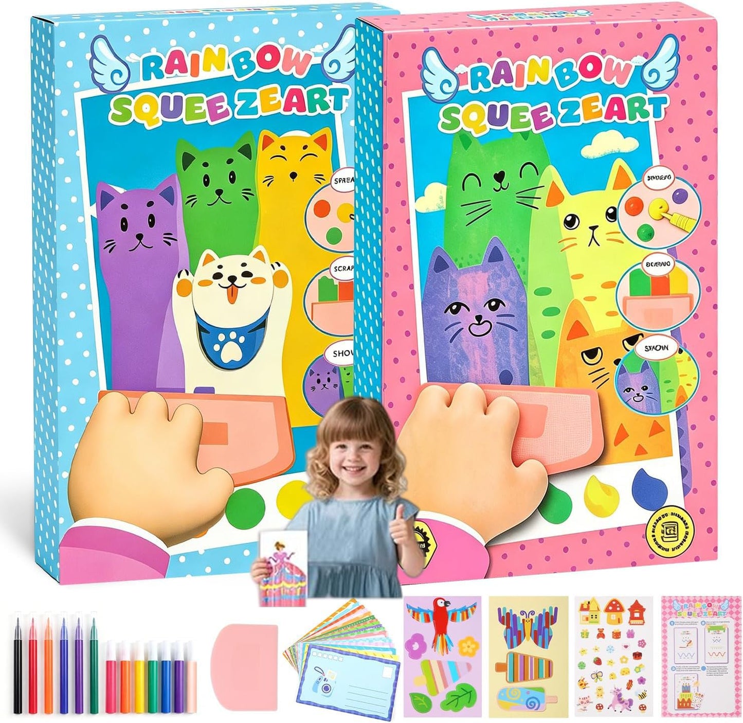Rainbow Squeeze Art Kit, 2026 Upgrade Magic Rainbow Scratch Paper Art Set, Creative Squeegee Painting Kit DIY Postcards Scratch for Birthday Party Favors (Pink+Blue)