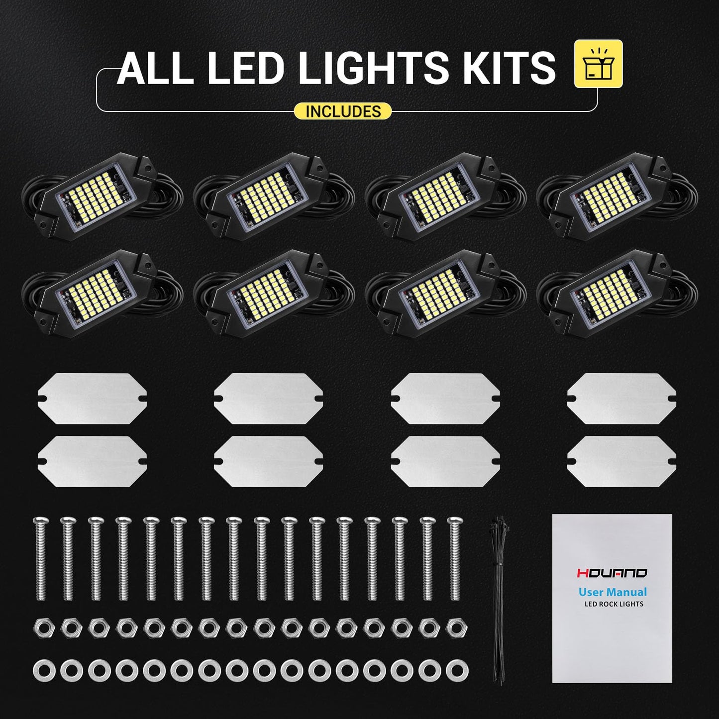 Hovano 8Pods White Rock Lights 6000K Pure White Color 42 LED Super Bright Chips with 10ft Extension Wires,IP68 Waterproof Underglow Kit for Pickup Off Road Trucks SUV ATV UTV Golf Car Boat