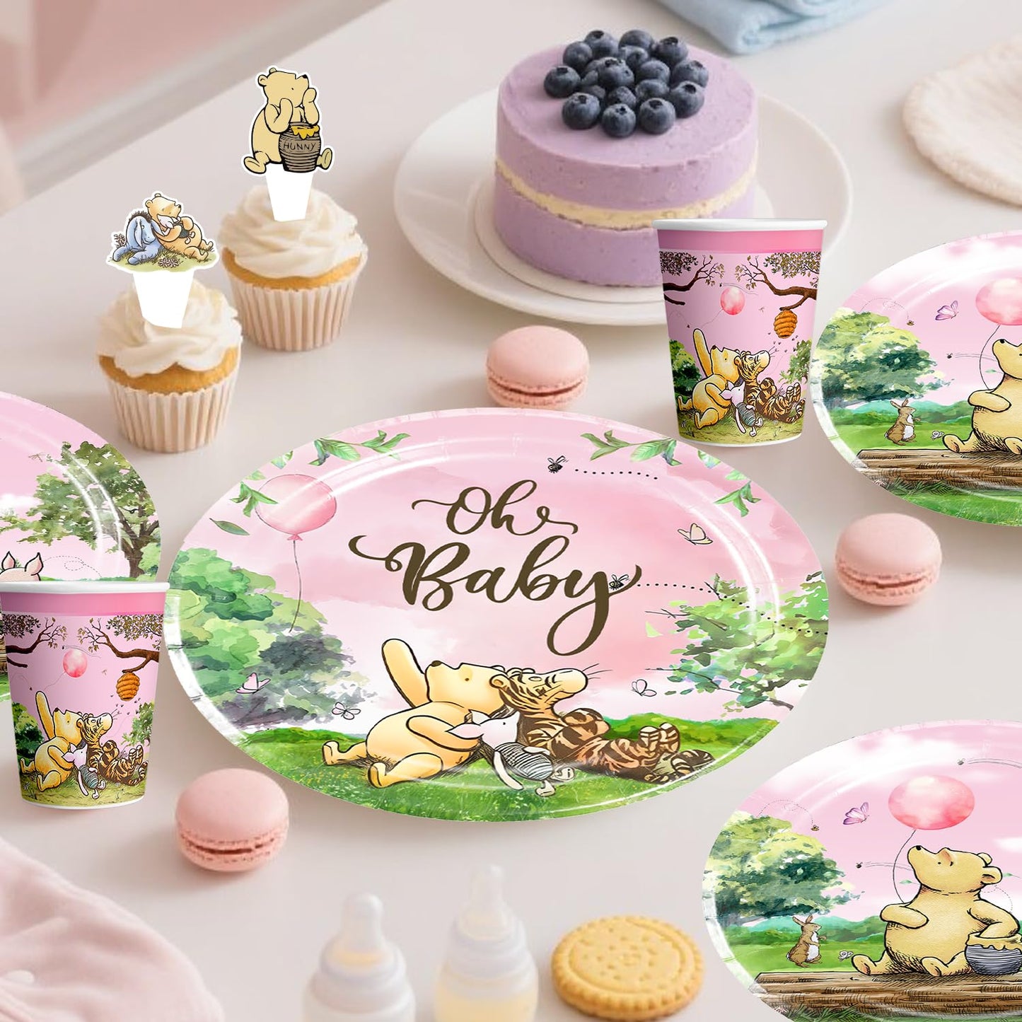 cocomigo 266PCS Pink Classic Bear Baby Shower Decorations Set, All-in-One Party Supplies Pack with 20 Plates, Classic Cupcake Stand, Cupcake Toppers Backdrop, Baby Shower for Girls