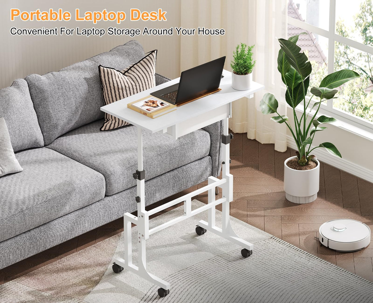 Cidaziya Adjustable Height Standing Desk for Walking Pad Treadmill, Portable Rolling Desk for Laptop with Drawer, Small Moblie Sit to Stand Desk On Wheels with Stiffener for Home Office Dorm Bedroom