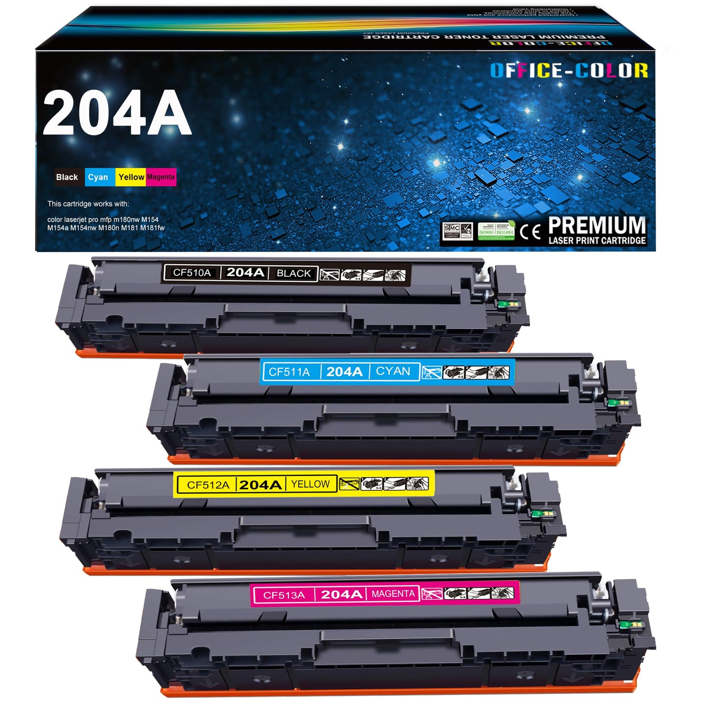 OFFICE-COLOR Compatible Toner Cartridge Replacement for HP 204A CF510A CF511A CF512A CF513A to use with Color Laserjet Pro MFP M180nw M180n M181fw M154a M154nw Printer (Black,Cyan,Yellow,Magenta)