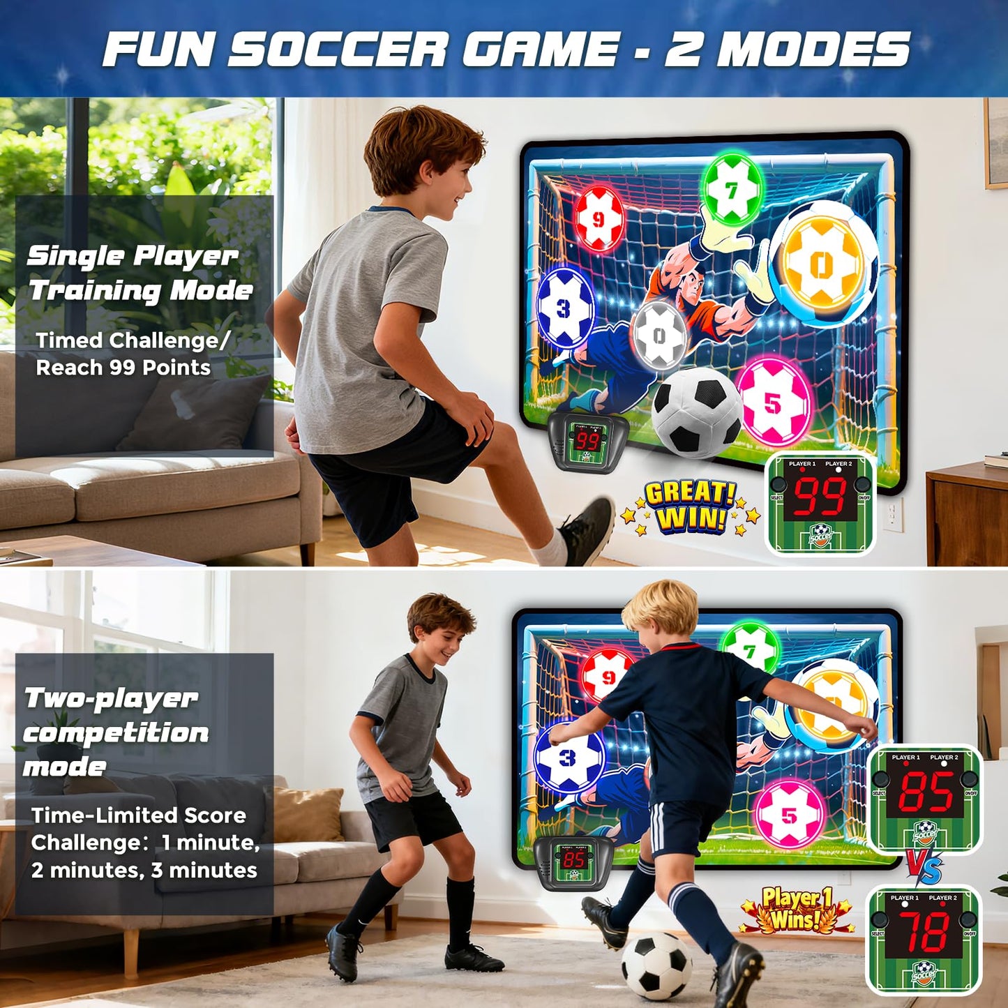 VATOS Electronic Soccer Goal with Scores for Kids, Indoor and Outdoor Football Training Goal, Fabric Goal and 2 Balls, Sports Toy for Birthday 3+ Years