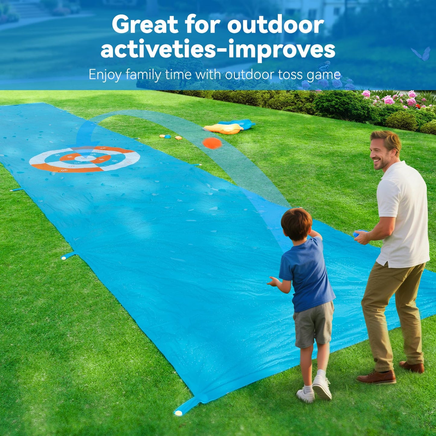 2 in 1 Slip Water Slide and Toss Game, 40FT Slip Lawn Water and Slide for Kids Adults, Summer Outdoor Toy with 2 Bodyboards&6 Water Bags, Backyard Water Toy for Kids Ages 4 6 8 10