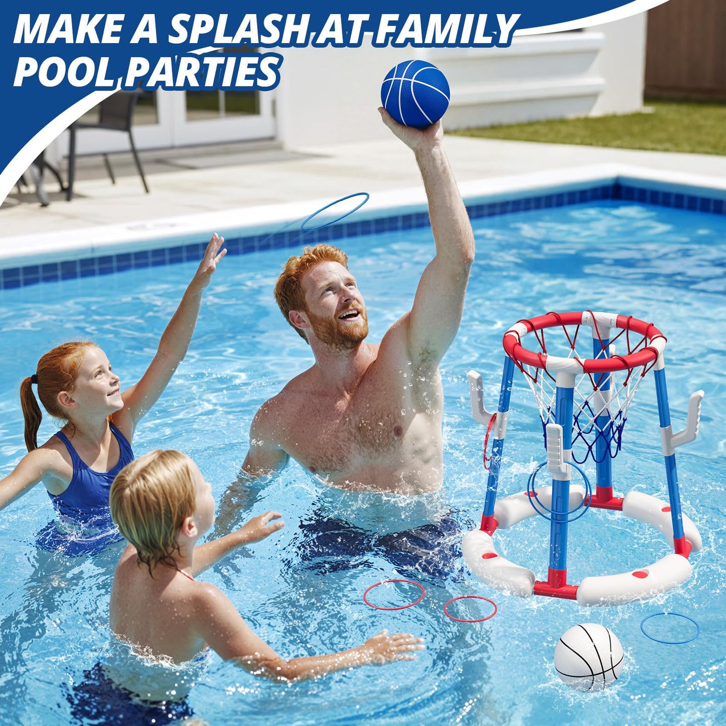 2 in 1 Pool Basketball Hoop Set with Ring Toss Game, Floating Water Pool Toys with 4 Balls, 8 Rings & Pump, Summer Outdoor Swimming Pool Toys Gifts for Adults Kids Teens, Red