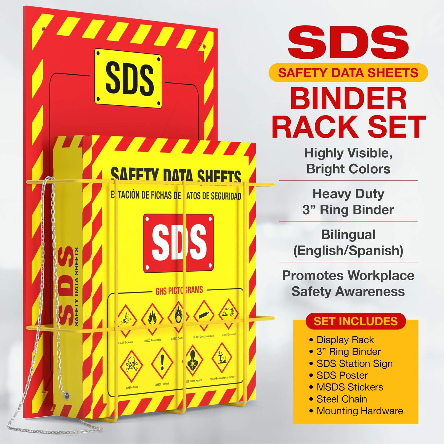 MSDS Wall Station - 3 Inch 3 Ring Material Safety Data Sheet Binder with SDS Wire Rack and Display Sign, Chain, Mounting Hardware, SDS Poster, MSDS Labels - Bilingual Heavy Duty OSHA Yellow Binder
