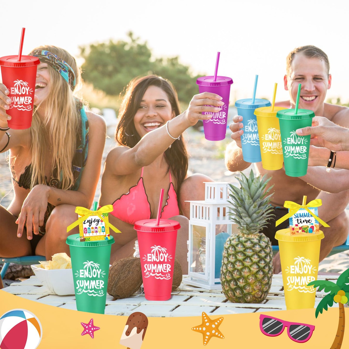Honeydak 24 Sets End of the Year Gifts for Students Summer Tumbler Bulk 24 oz Plastic Tumbler Cup with Lids Straws and Greeting Card Appreciation Gift for Summer Beach Pool Party Favors Prizes