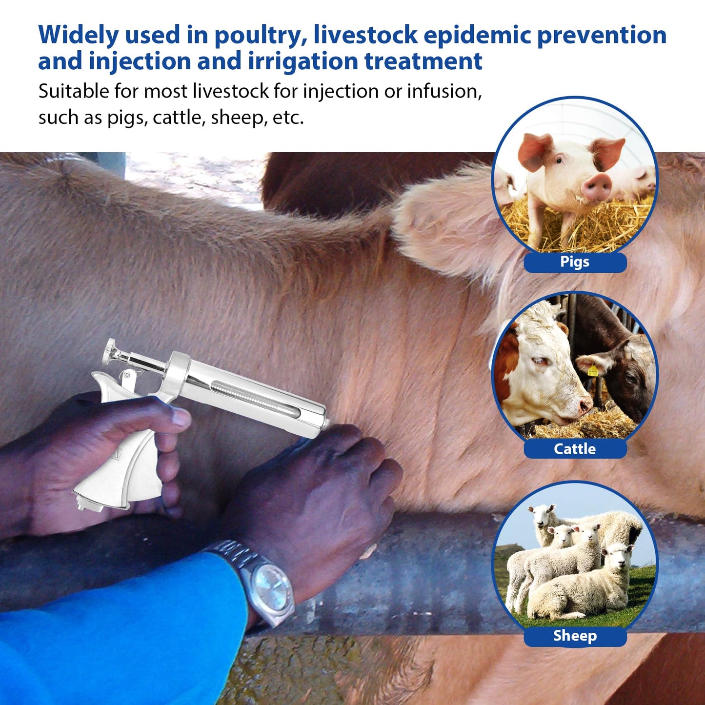 50ML Continuous Livestock Syringe, Adjustable Syringe For Horses, Sheep, Cattle, Pigs, Etc., Farm And Breeding Equipment, Large Capacity, Semi-Automatic, With 10 Stainless Steel Needles