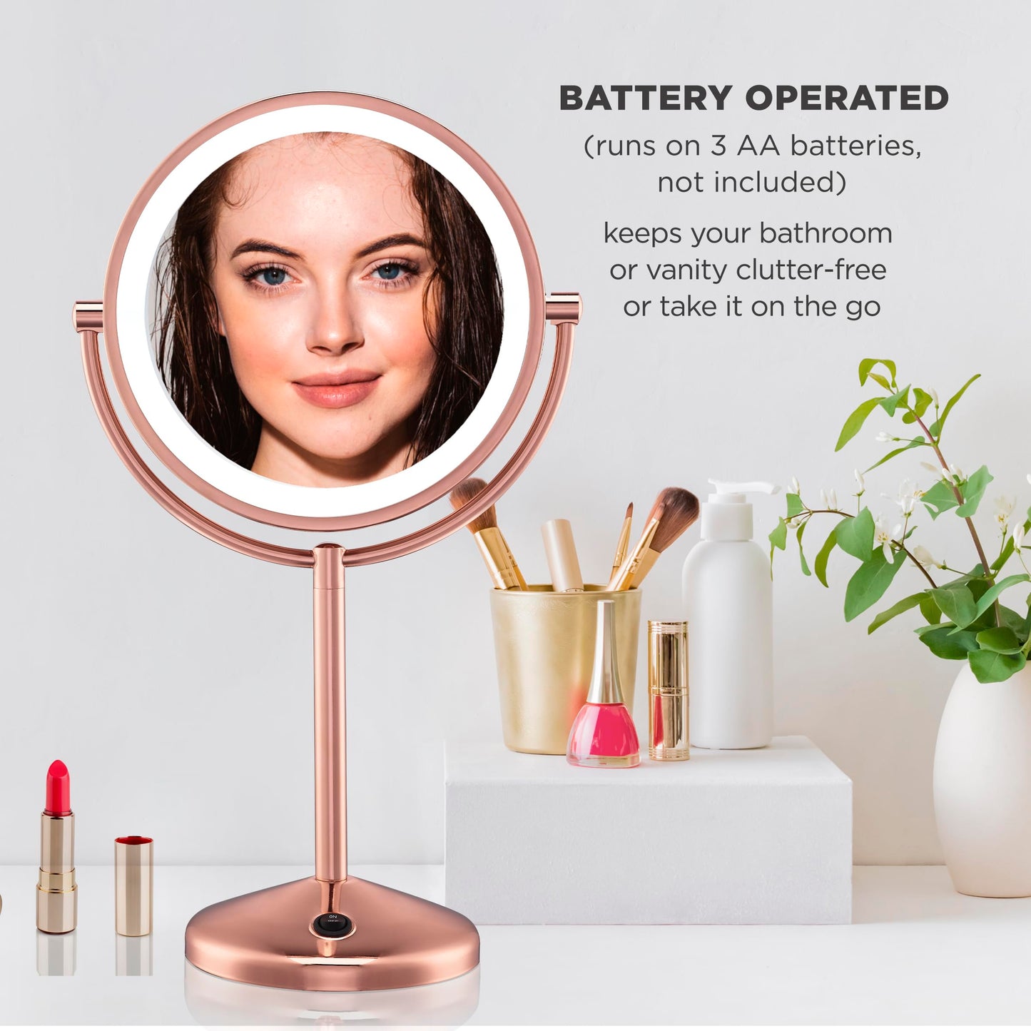 Conair Lighted Makeup Mirror, LED Vanity Mirror, 1X/10X Magnifying Mirror, Double Sided, Battery Operated in Rose Gold