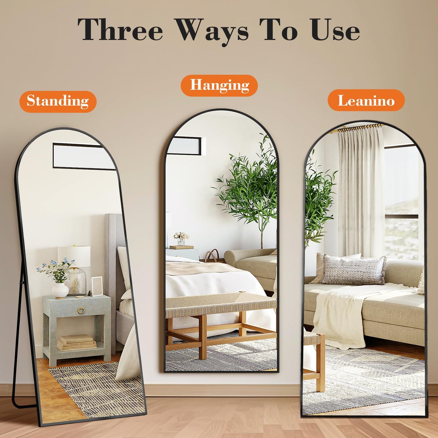DUMOS 64"x21" Arched Full Length Mirror with Stand, Floor Body Mirror Shatter-proorf Nano Glass with Aluminum Frame, Free Standing or Hanging Leaning Modern Simple Home Decor, Black