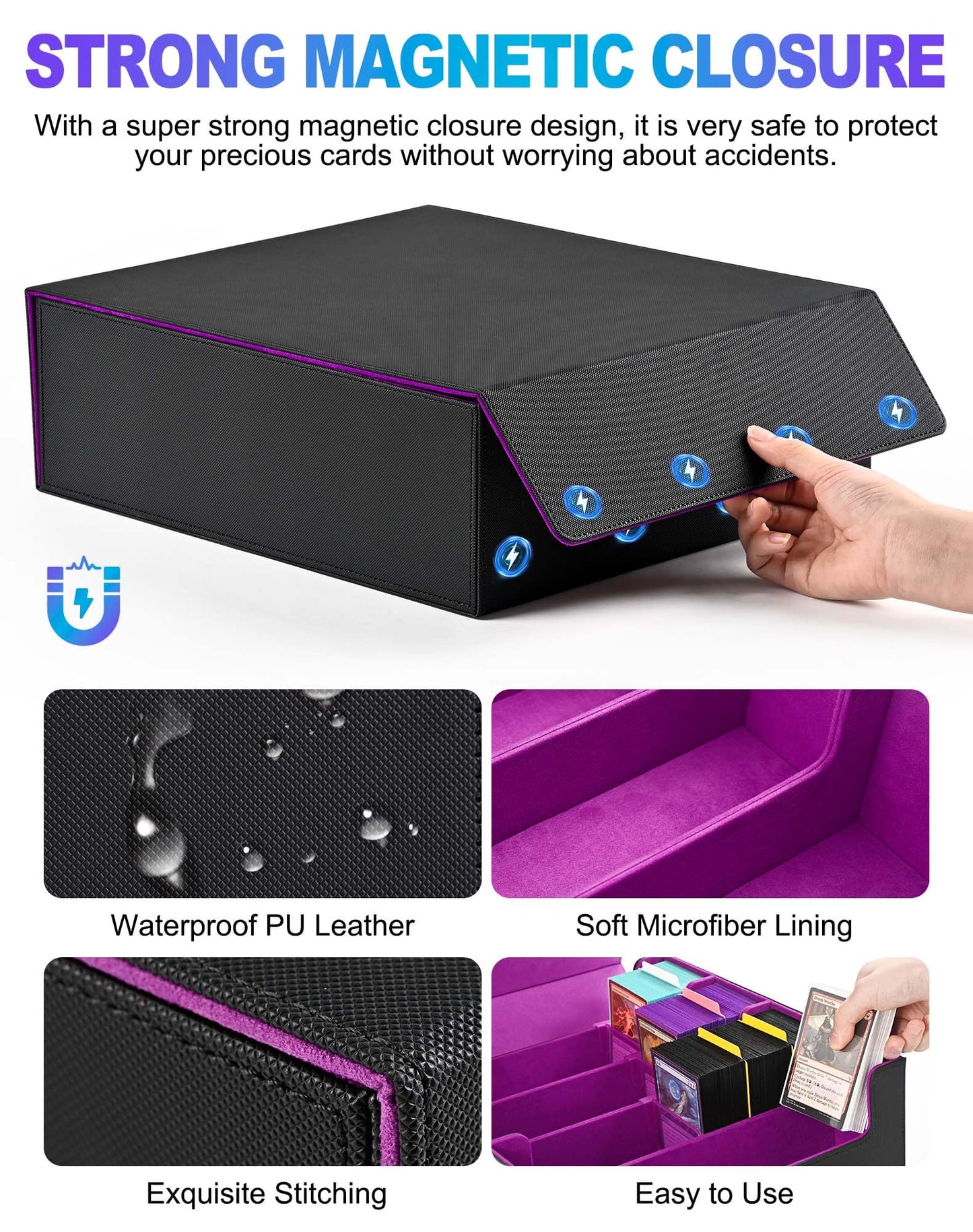 UAONO Card Storage Box for Trading Cards, 2400+ MTG Commander Deck Box With 24pcs Colorful Divider, Card Case Fits for Magic TCG PTCG Game Cards (Black&Purple)