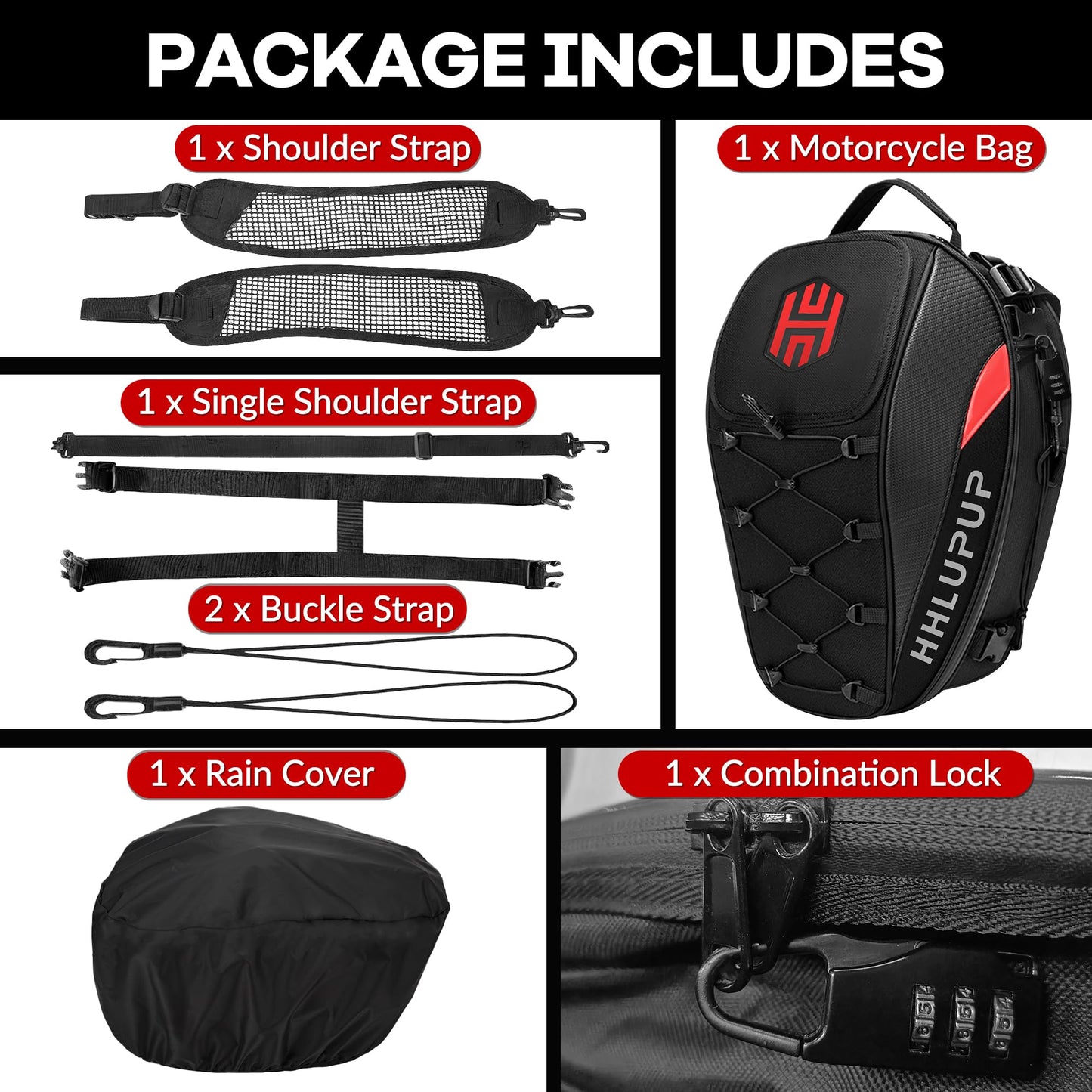 HHLUPUP 38L Motorcycle Tail Bag Seat Helmet Large Capacity Motorcycle Backpack Waterproof Luggage Bag Red