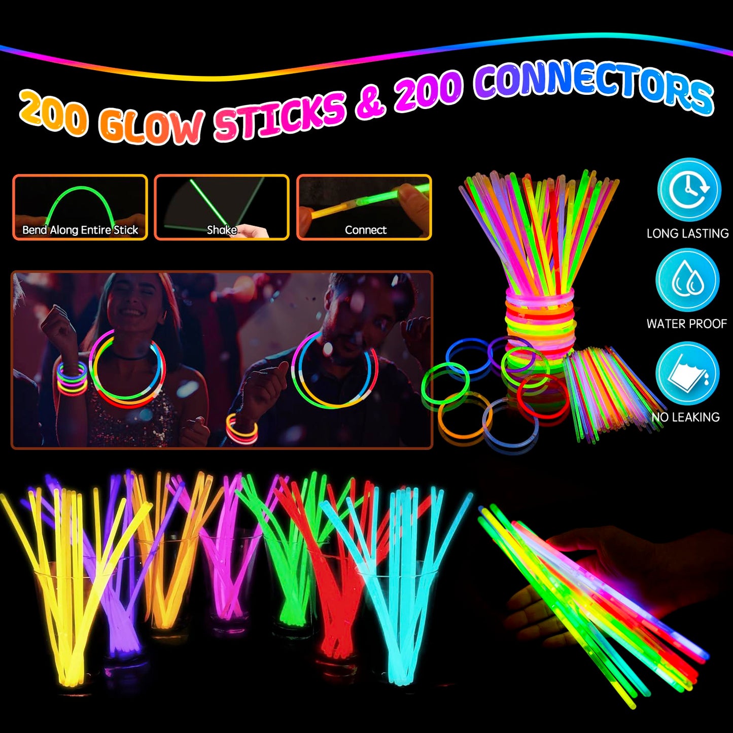 248PCS Glow in the Dark Party Supplies, Party Pack Bulk , 16PCS Foam Glow Sticks & LED Glasses, 16PCS LED Light Up Rings and 200PCS Glow Sticks for Neon Party Decorations, halloween party favors