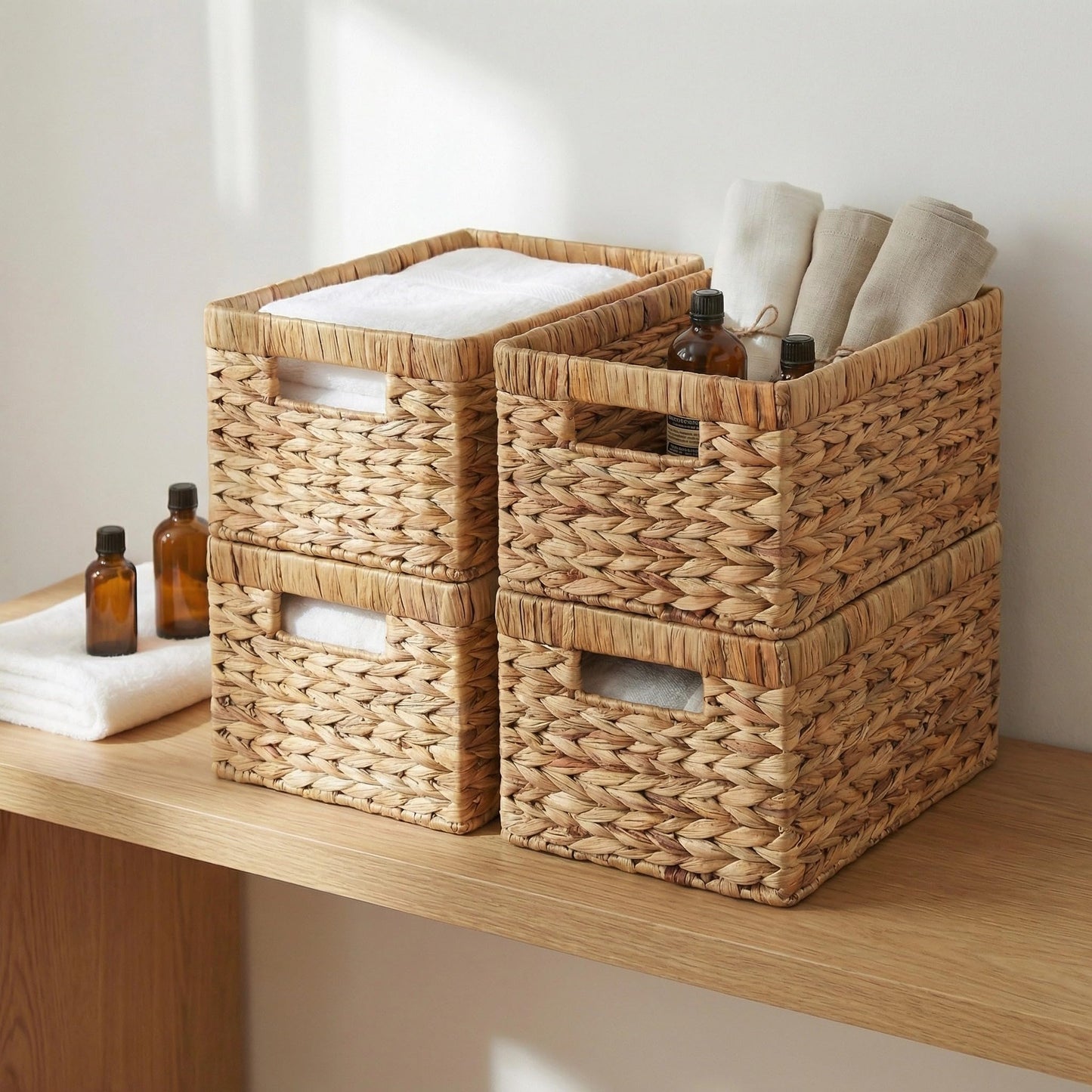 Water Hyacinth Woven Storage Baskets, Set of 4 Wicker Baskets for Organizing with Built-In Handles, Handwoven Rectangular Shelf Bins for Pantry, Bathroom, Kitchen, Closet (13 x 8.25 x 7 in)
