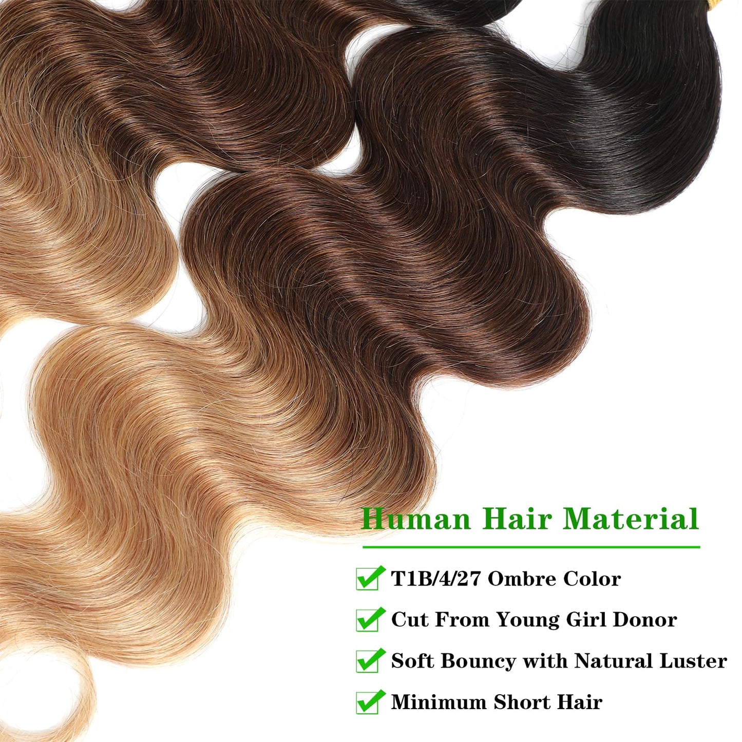 Brazilian Virgin Hair Body Wave Ombre Human Hair 3 Tone, 3 Bundles Ombre Brazilian Hair Extensions (T1B/4/27, 14" 16" 18")
