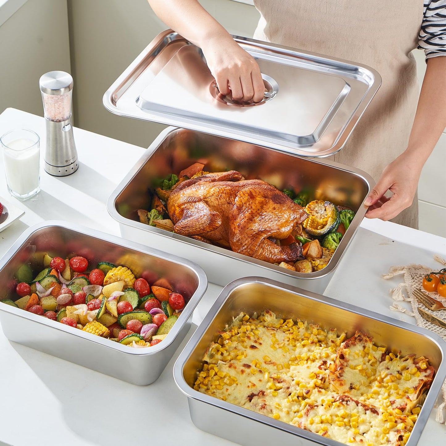 4-Piece 4 Inch Extra Deep Lasagna Pan with Lid, 11.6x15.6 Inch 9.2QT Large Stainless Steel Nonstick Lasagna Baking Roasting Dish Pan for Oven(L, 2 Pack)