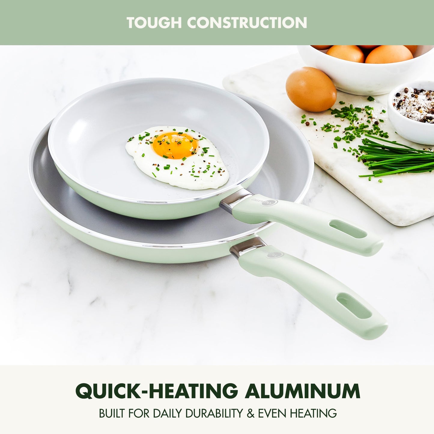 GreenPan Dover 8” & 10” 2 Piece Frying Pan Skillet Set, Non-Toxic PFAS-Free Ceramic Nonstick Coating, Sear Saute Fry Egg Omlete, Dishwasher & Oven Safe, Stay Cool Handle, Easy Pour Rims, Pastel Green
