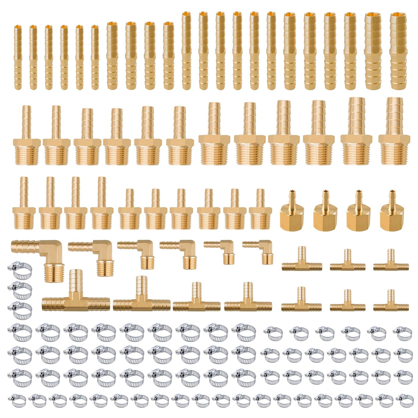 136Pcs Brass Hose Barb Fittings Assortment Kit Barb Splice/Female Adapter/Coupler/Tee/Male Elbow NPT Thread 1/8" 3/16" 1/4" 5/16" 3/8" 1/2" Air Hose Fittings with Pipe Clamps for Water/Air/Fuel