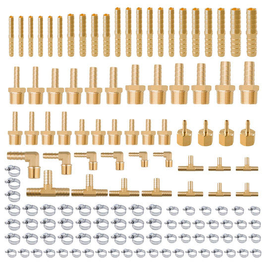 136Pcs Brass Hose Barb Fittings Assortment Kit Barb Splice/Female Adapter/Coupler/Tee/Male Elbow NPT Thread 1/8" 3/16" 1/4" 5/16" 3/8" 1/2" Air Hose Fittings with Pipe Clamps for Water/Air/Fuel