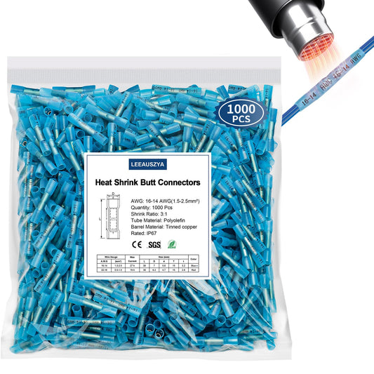 1000 Pcs Heat Shrink Butt Connectors, 16-14 AWG Waterproof Electrical Insulated Crimp Wire Splice for Boats, Automotive, Marine, Home, Garage, Industrial Wiring