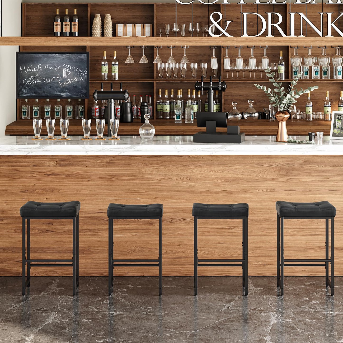 HOOBRO Bar Stools,25.4" Saddle Stools with PU Upholstery, Counter Height Stools with Footrest, Kitchen Breakfast Chairs, for Dining Room, Cafe, Bar, Black BB23BY01