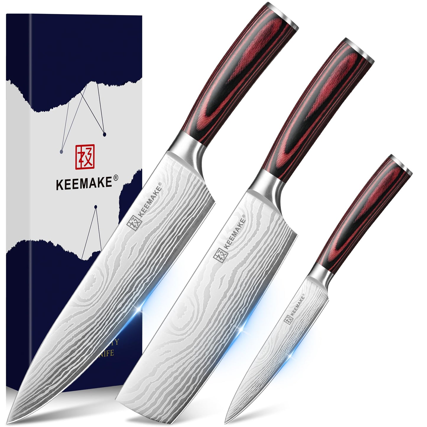 KEEMAKE 3 Pieces Knife Set, High Carbon Stainless Steel Chef Knives Sets with Ergonomic Pakkawood Handle, Professional Ultra Sharp Kitchen Knife Sets, Father Day Gifts