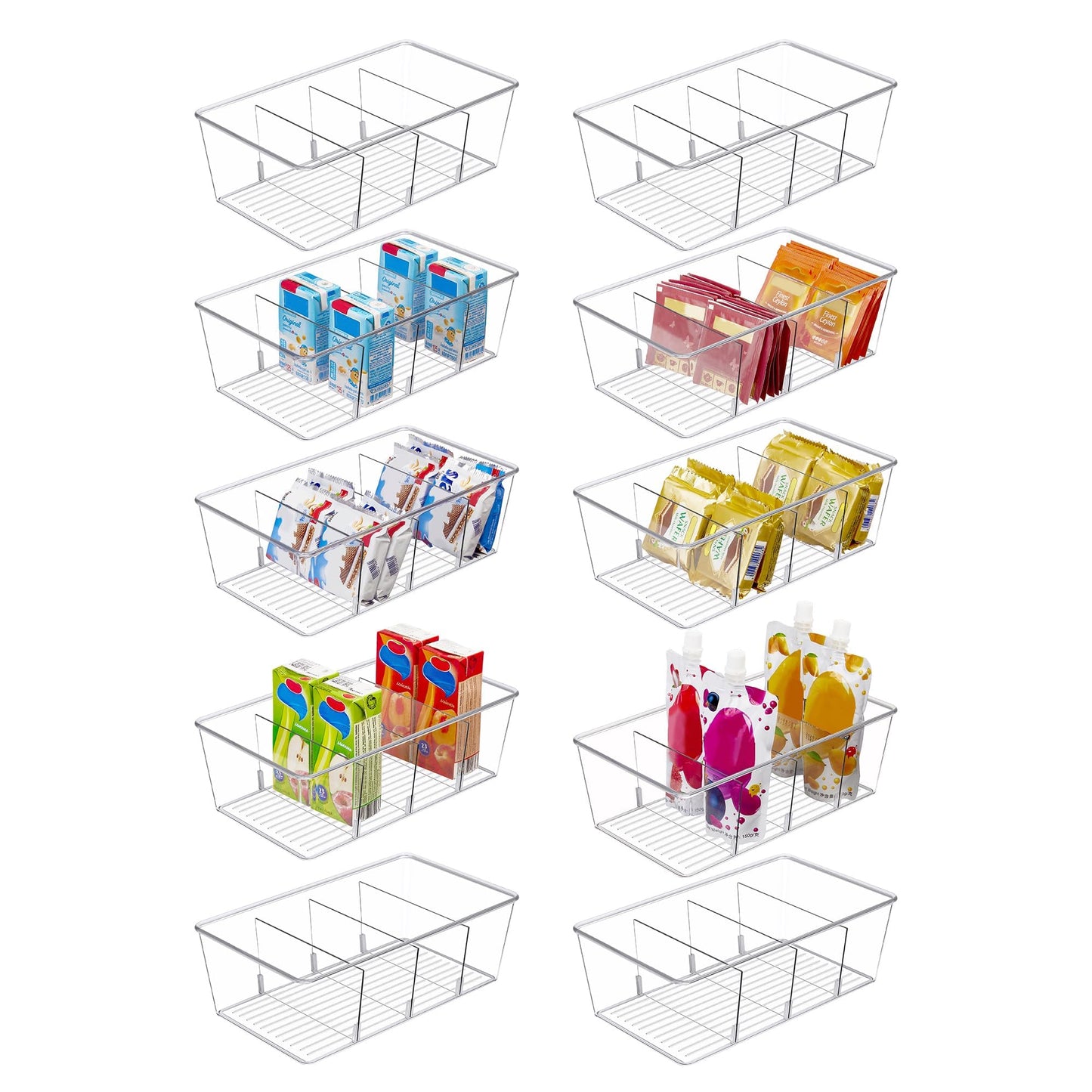 Vtopmart 10 Pack Food Storage Organizer Bins, Clear Plastic Bins for Pantry, Kitchen, Fridge, Cabinet Organization and Storage, 4 Compartment Holder Packets, Snacks, Pouches, Spice Packets