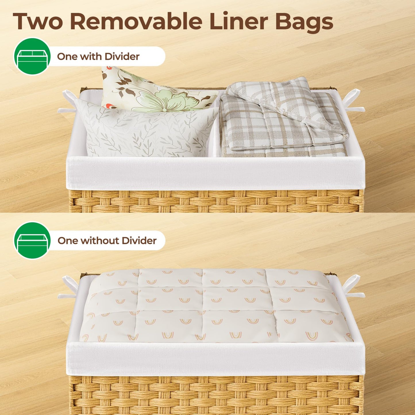 GREENSTELL Storage Basket with Lid, 42.3 Gallon(160L) Lagre Wicker Blanket Storage Basket with Handles, Foldable, 2 Removable Liner Bags, Metal Frame, for Bedroom, Laundry Room, Brown,30"*18.1"*18.1"