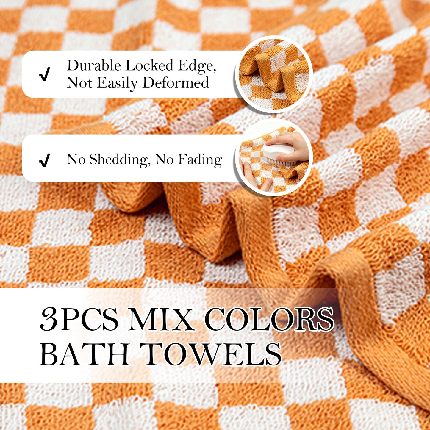 CinGiiCo Checkered Bath Towels Set of 3, 100% Cotton Bath Towels Large, 600GSM, 55 * 28 in, Luxury Shower Towels for Bathroom, Soft Absorbent Quick-Dry（Orange+Dark Green+Pink）
