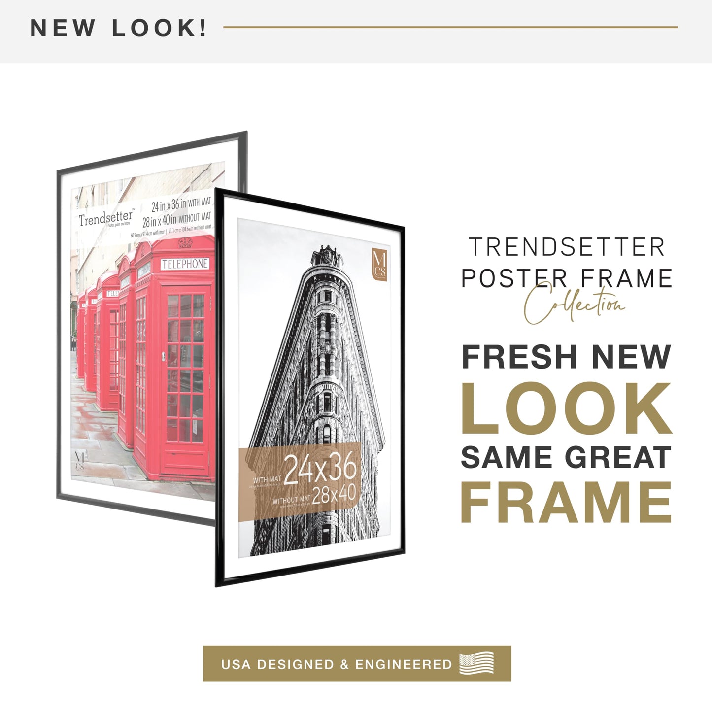 MCS Trendsetter 28x40 Poster Frame, Display Pictures 24x36 With Mat or 28x40 Without Mat, Vertical & Horizontal Wall Hanging Large Picture Frame for Photos & Posters, Black (1-Pack)
