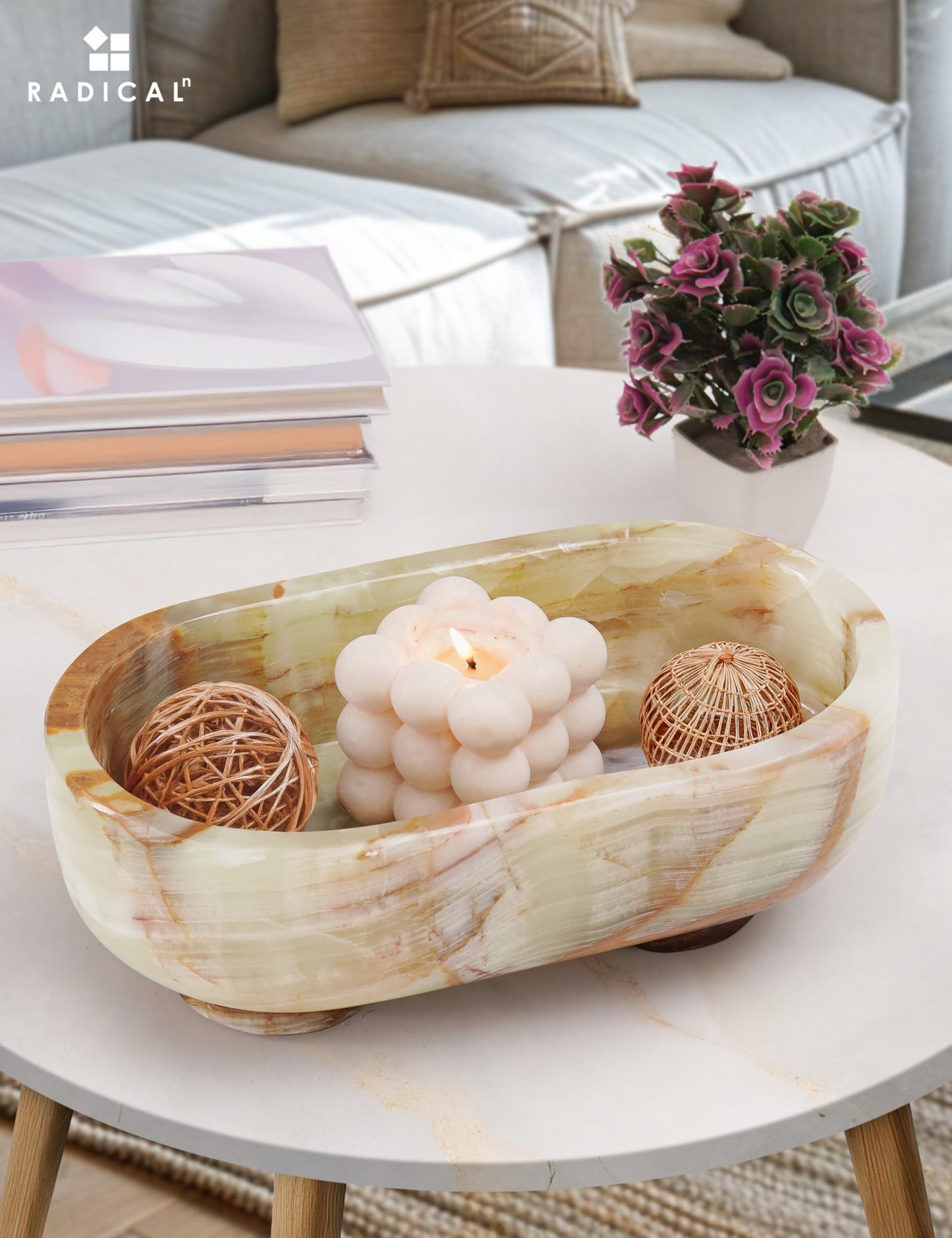 Radicaln Marble Oval Bowl With Stand 10" Inches Green Handmade Fruit Bowl For Kitchen Counter, Ideal Serving Bowl for Home Decor, Candle Dish & Banana Holder For Kitchen Table