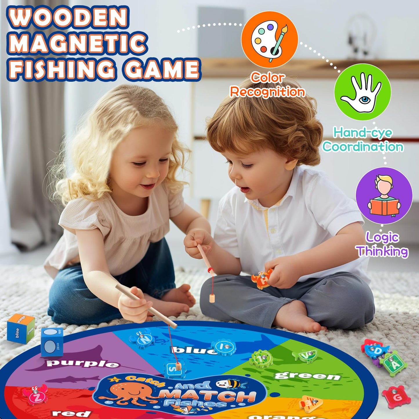 Magnetic Wooden Fishing Game, Plunack Alphabet Fishing Toy for Toddler Boys Girls 3-5 Years Old, ABC Letter Puzzle Montessori Sorting Toy, Fine Motor Skills Toy Birthday Gift for 3 4 5+ Year Old Kids