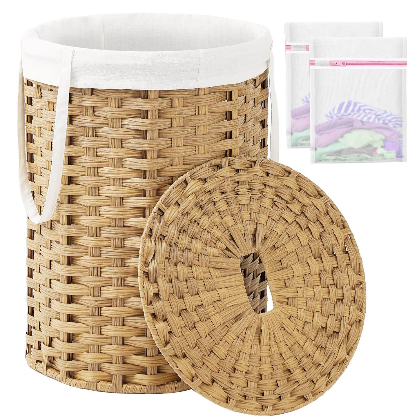 SETVSON Laundry Hamper with Lid Laundry Basket with Lid 19.0 Gal (72 L) Round Wicker Laundry Basket Handwoven Rattan Hamper Removable Bag 2 Mesh Bags Handles for Living Room Bathroom Natural