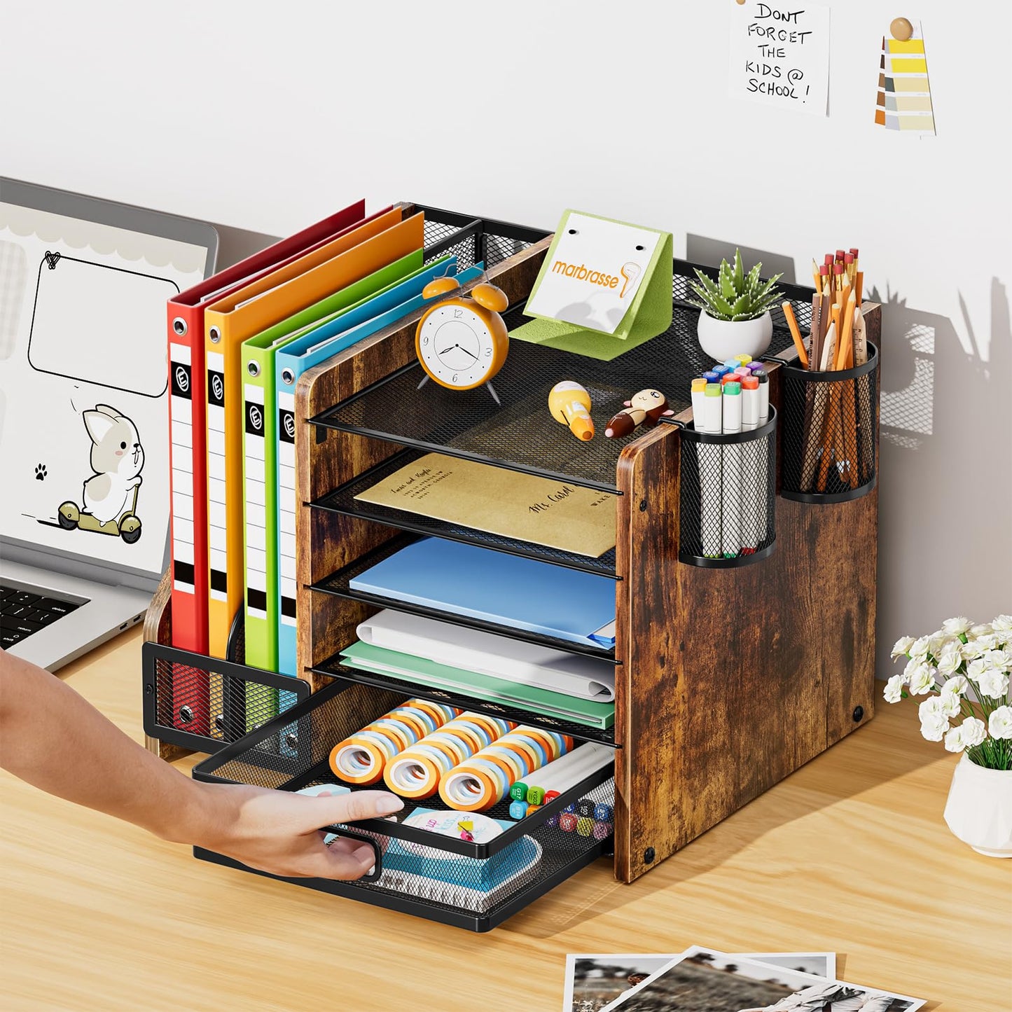 Marbrasse Desk Organizer with File Holder, 5-Tier Paper Letter Tray Organizer with Drawer and 2 Pen Holder, Mesh Desktop Organizer and Storage with Magazine Holder for Office Supplies (Wood-Brown)