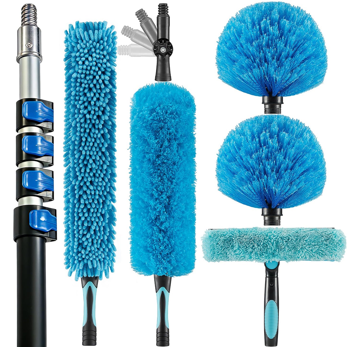 Hicavar 25 Foot High Ceiling Fan Duster with 6-18ft Extension Pole, Extendable Reusable Cobweb, Feather, Window Cleaning Squeegee Kit