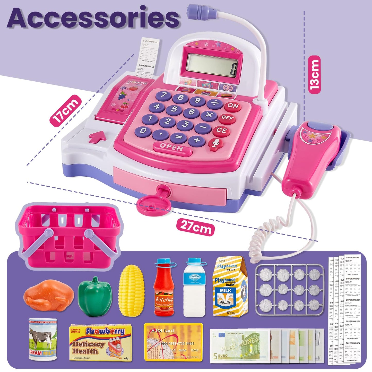BUYGER Children's cash register toy cash register with receipt printer, scanner microphone, shopping shop accessories, supermarket role play, gifts for children from 3 + years