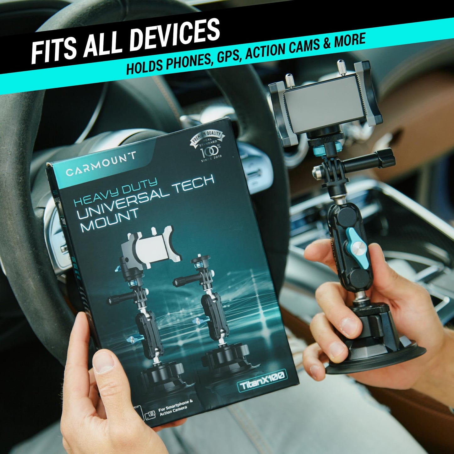 CARMOUNT TitanX100 Heavy Duty Car Mount – 2025 Model, Universal Dashboard & Windshield Cell Phone Car Mount, Adjustable Suction Cup Phone Mount (TitanX100 Pro)