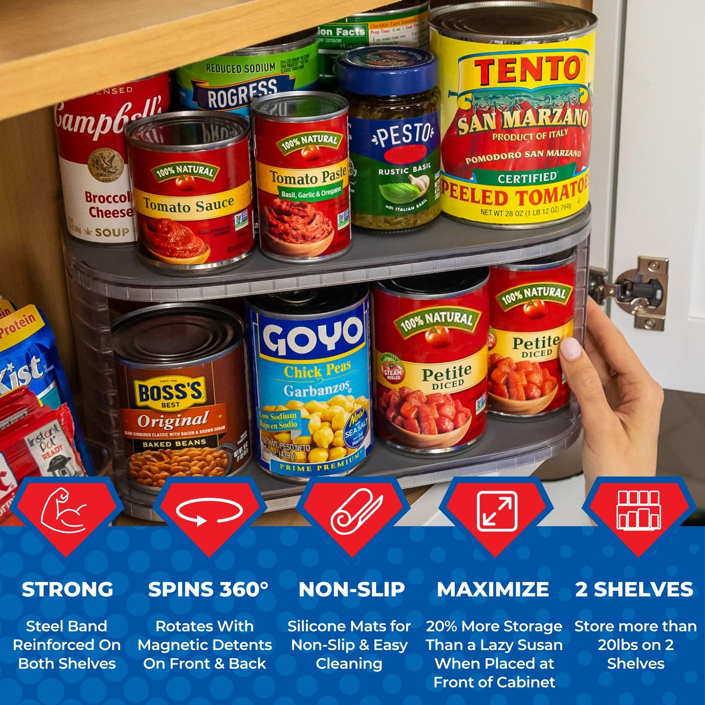 Mighty Susan Kitchen Organizer for Canned Goods: 2-Tiered Robust Turntable Organizer for Cabinet/Pantry. Steel Reinforced Holds Up To 30 lbs. Rotates 360° for Maximum Visibility. Includes 2 Bonus Bins