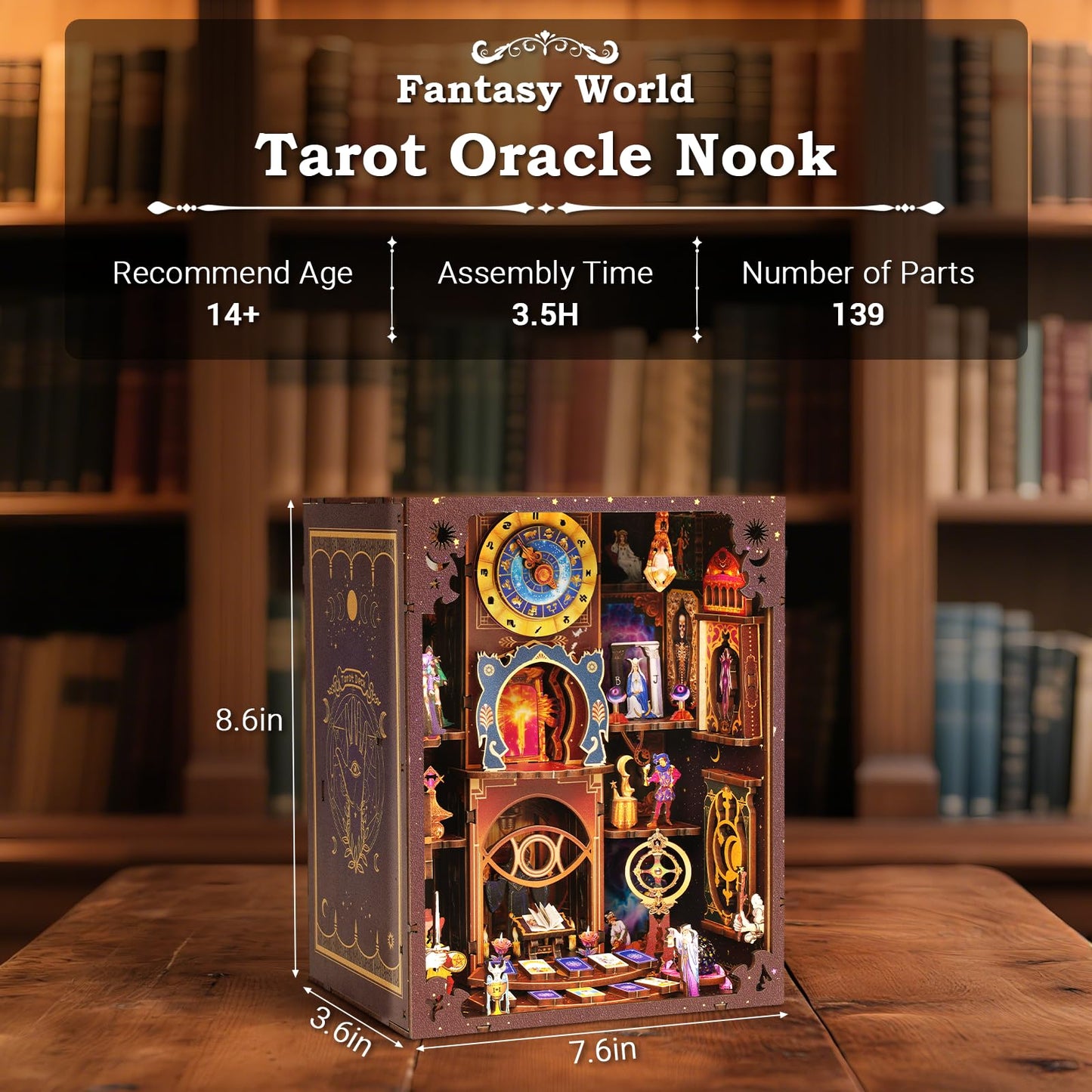 Book Nook Kit - Fantasy Tarot 3D Wooden Puzzle for Adults, Teens & Beginners, DIY Miniature Bookshelf Insert with LED Light, Mysterious Craft Gift for Model Builders
