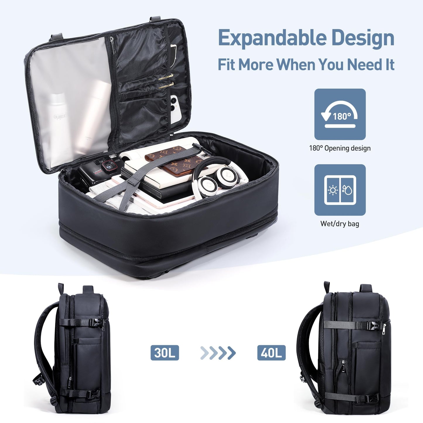 SHOWKOO Laptop Backpack for 17 Inch Laptop, 40L Expandable Large Capacity Backpack, TSA Carry On Travel Backpack with Padded Laptop Compartment, Water-Resistant College & Commuter Bag, Black