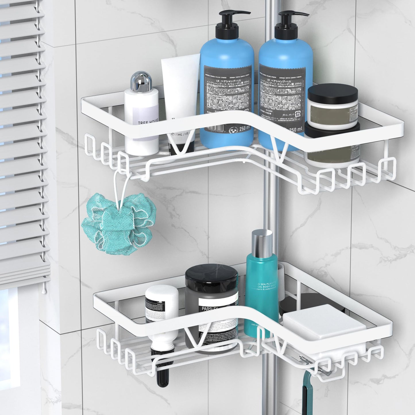 DAOYA Shower Caddy Tension Pole Corner - Stainless Steel Bathroom Organizer White Tension Rod Shower Shelves for Tub(22-114.2inch), Renter Friendly