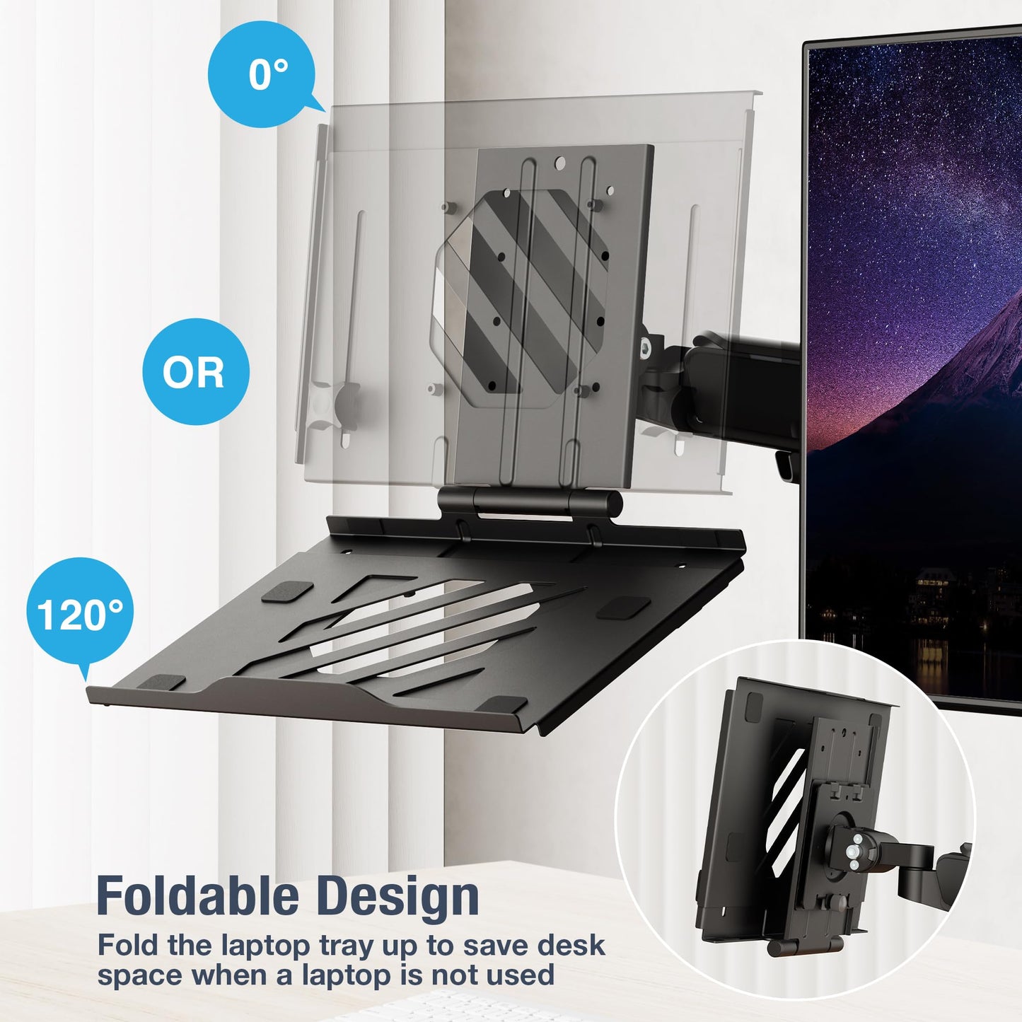 AVLT Adjustable Laptop Tray with Support for 120mm Fans Compatible with VESA 75x75 Monitor Arm - Suitable for Laptops Up to 17Inch - Weighs 4.41lbs, Black (Fan Not Included)