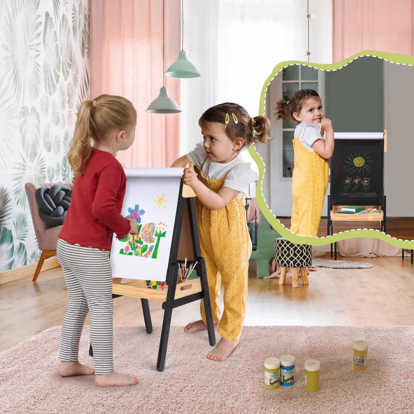 3 in 1 Easel for Kids with Wood Tray Double Sided Kids Easel with Paper Roll,Magnetic Chalkboard & White Board Height Adjustable Painting Standing Drawing Board for Toddlers Childrens 2+ (Black)